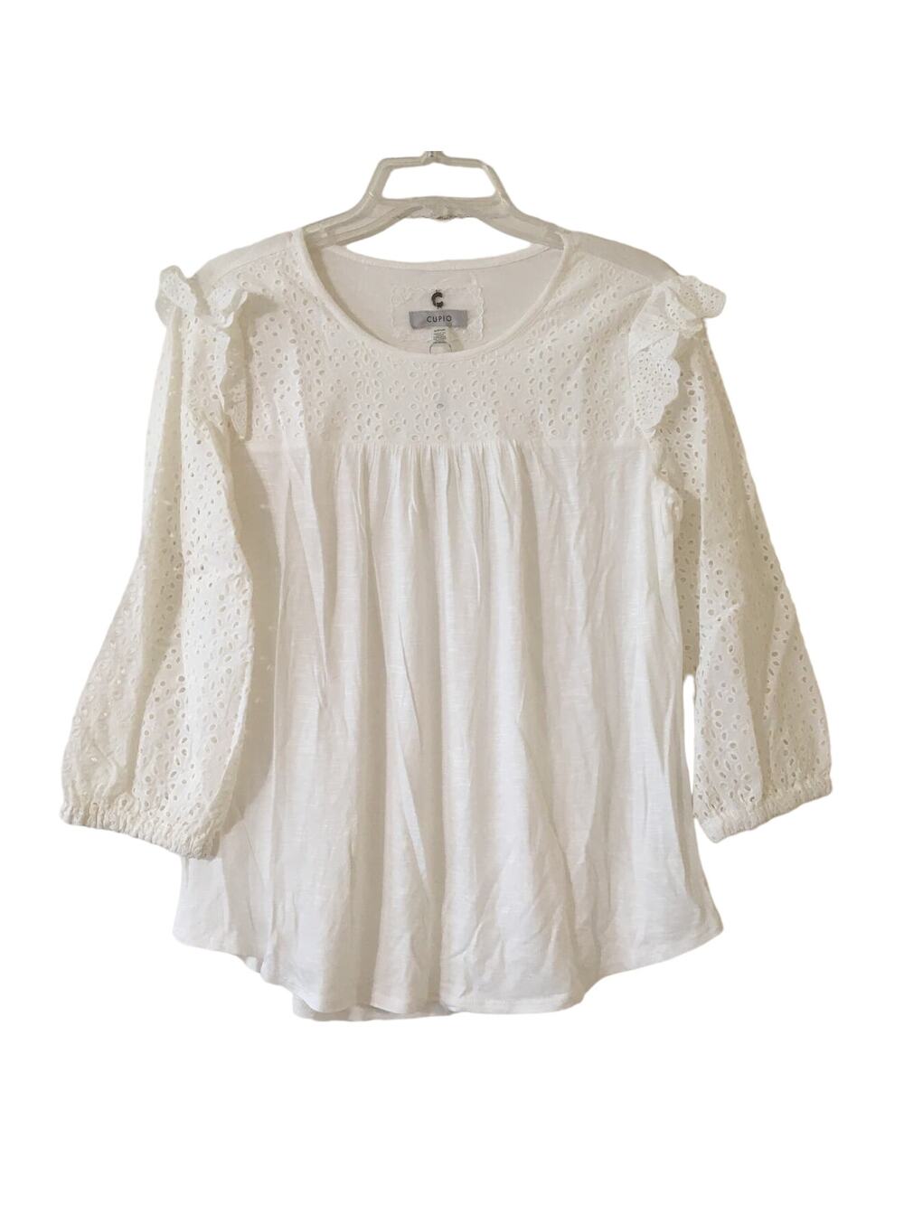 NWT Cupid Women's Top Small Ivory 3/4 Ruffle Cap Sleeve Eyelet Bodice & Sleeves